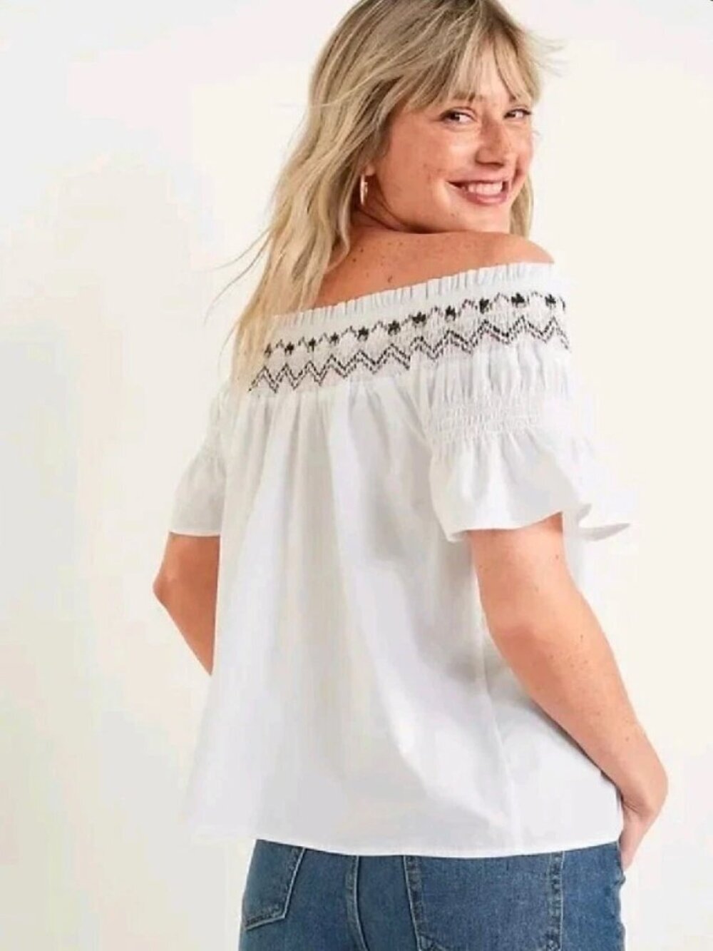 Old Navy | White Cotton Smocked Embroidered Off The Shoulder Boho Blouse, Size S